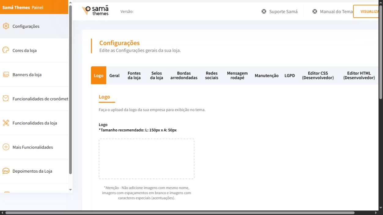 Tela Configurações do painel Essencial com a aba Logo selecionada