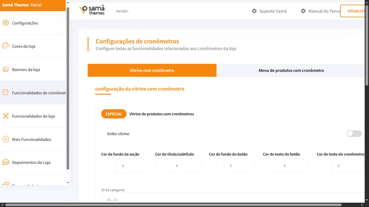 Tela de configuração de cronômetros do painel Essencial