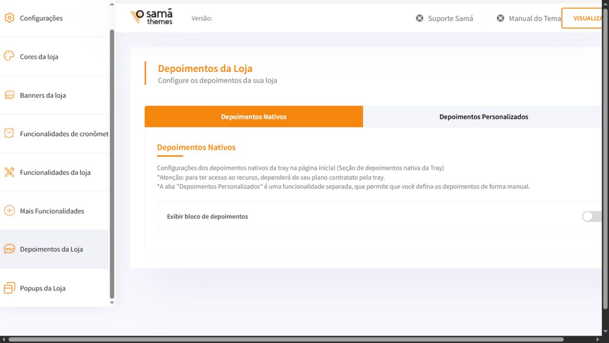 Tela Depoimentos da Loja do painel Essencial