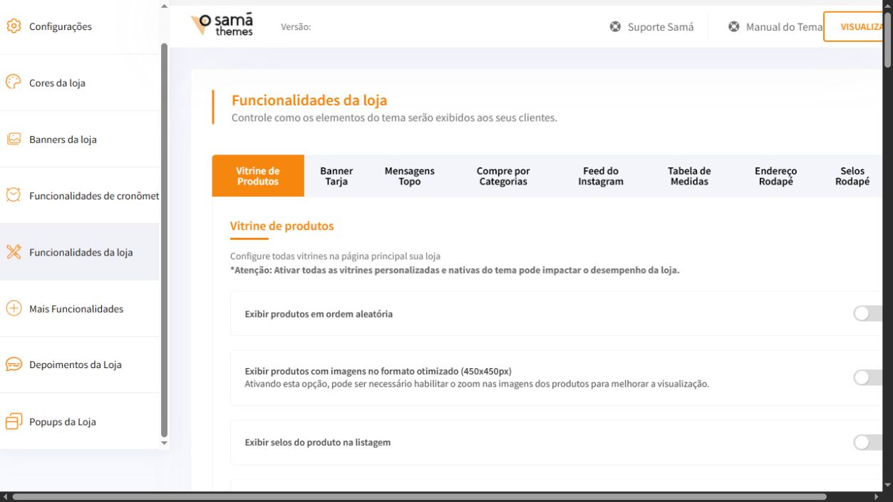 Tela Funcionalidades da loja do painel Essencial