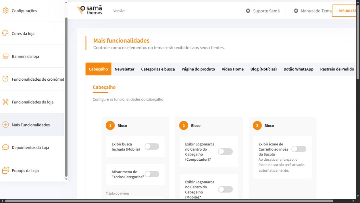 Tela Mais funcionalidades do painel Essencial com a aba Cabeçalho