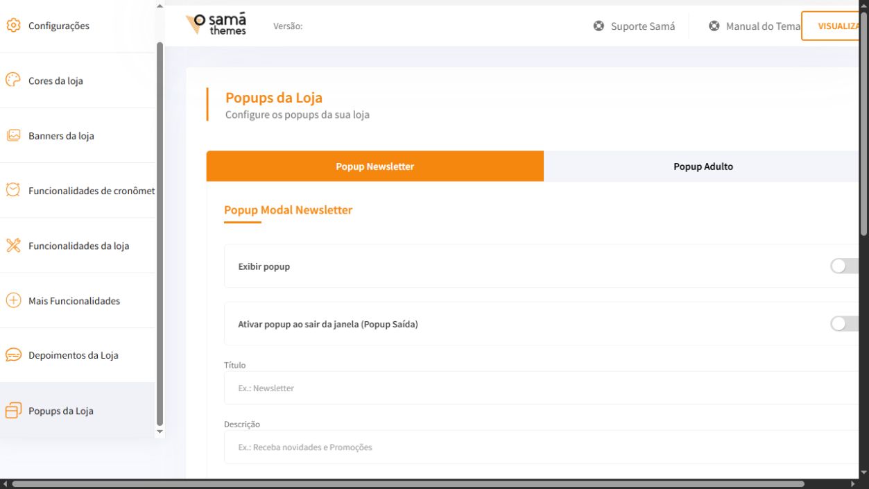 Tela Popups da Loja do painel Essencial