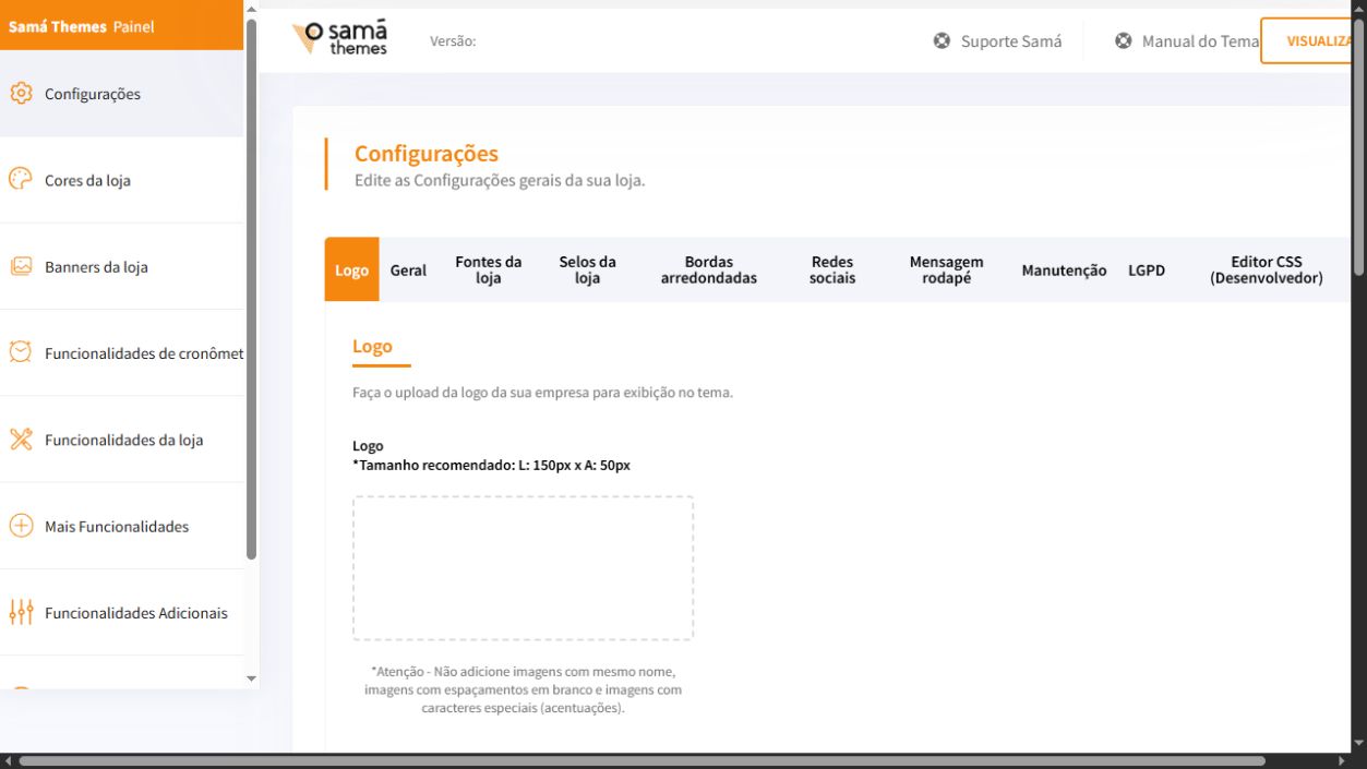 Tela Configurações do painel Loja Premium com a aba Logo selecionada