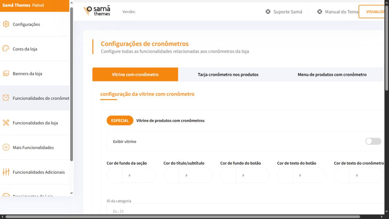 Tela de configuração de cronômetros do painel Loja Premium