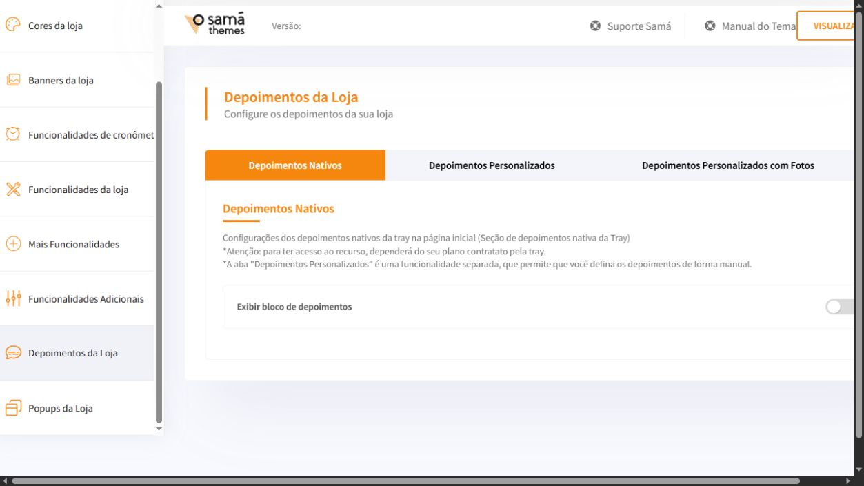 Tela Depoimentos da Loja do painel Loja Premium