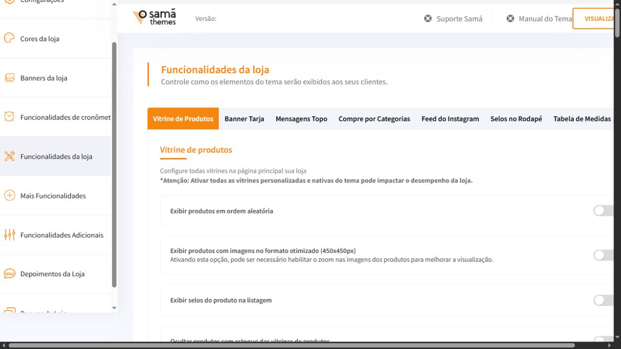 Tela Funcionalidades da loja com a aba Vitrine de produtos