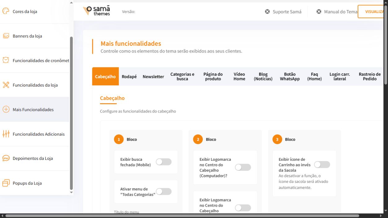 Tela Mais funcionalidades do painel Loja Premium