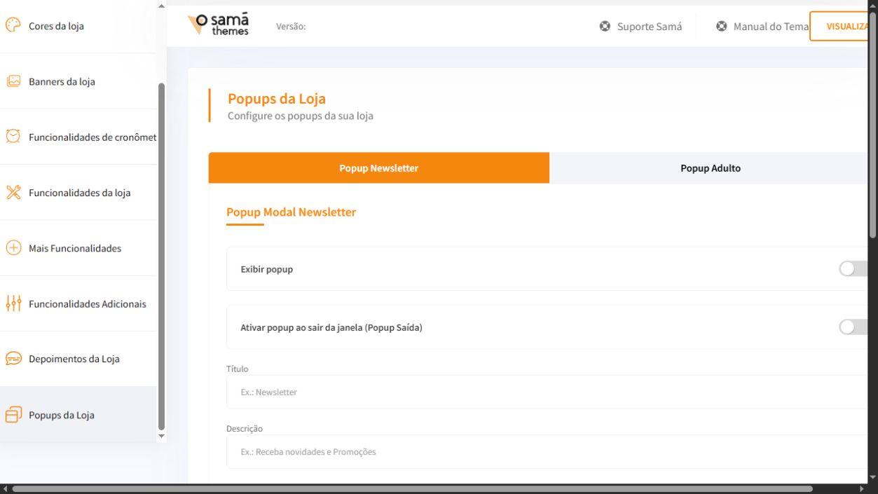Tela Popups da Loja do painel Loja Premium