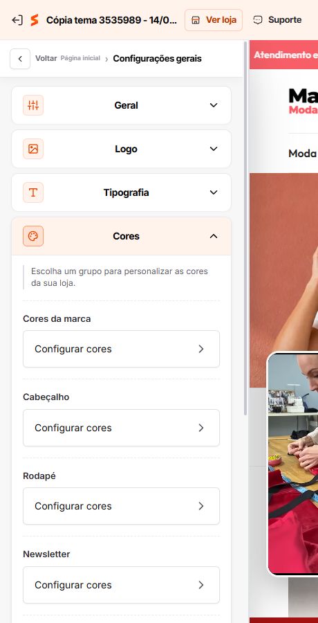 Grupos de cores disponíveis no editor Match GO