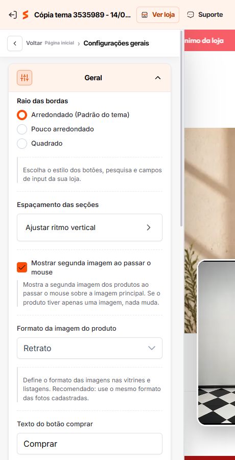 Configurações gerais de aparência e produtos no editor Match GO