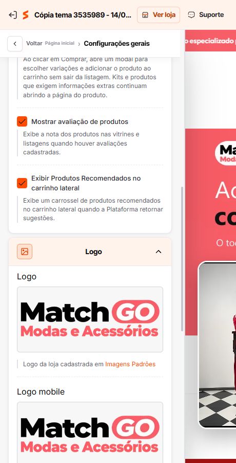 Configuração de logo e favicon do Match GO