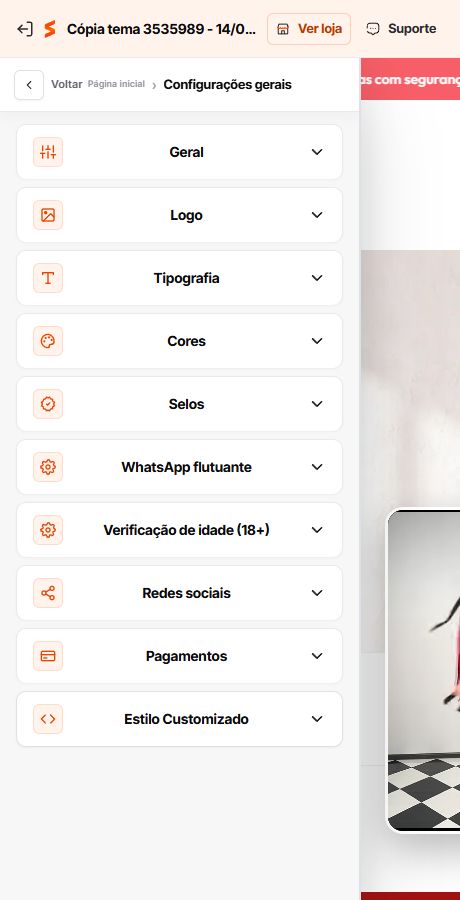 Áreas disponíveis nas Configurações gerais do Match GO
