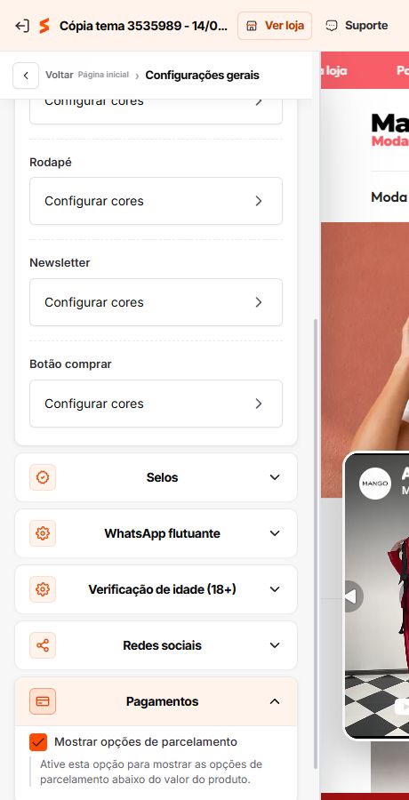 Controle de parcelamento nas Configurações gerais do Match GO