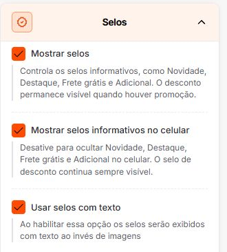 Configurações de selos dos produtos no Match GO
