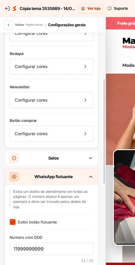 Configuração do botão flutuante de WhatsApp no Match GO