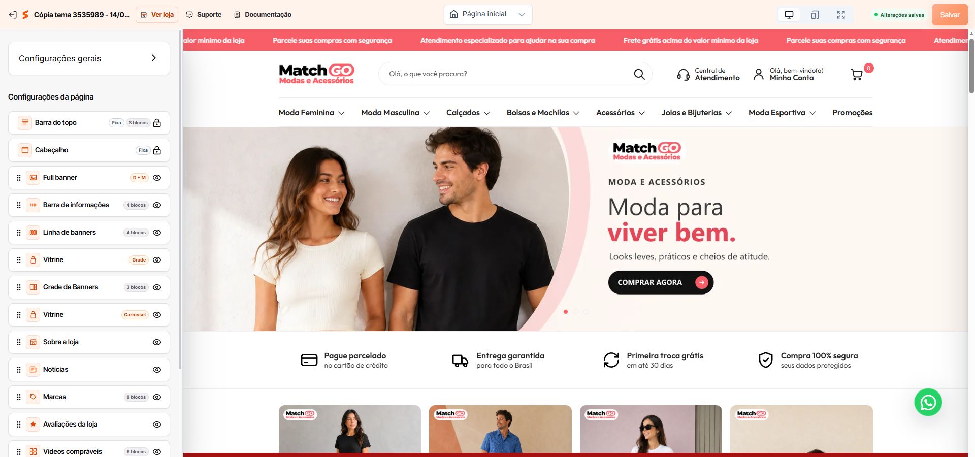Editor visual do Match GO com a Página inicial selecionada