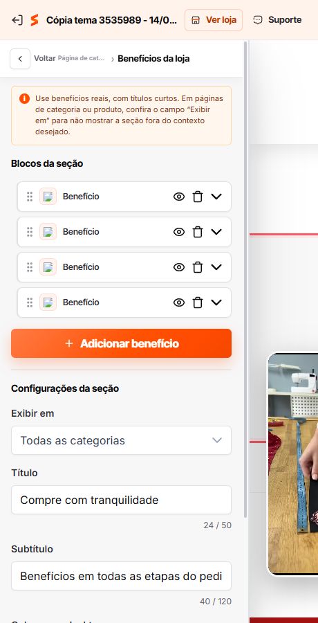 Configuração de benefícios por categoria no Match GO