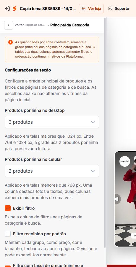 Configurações da grade e dos filtros da Página de catálogo do Match GO