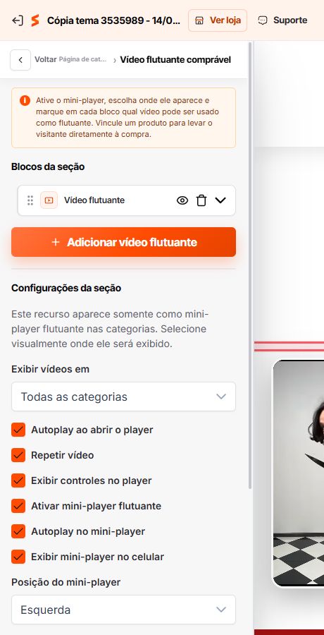 Configuração do vídeo flutuante na Página de catálogo do Match GO
