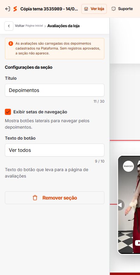 Configuração das avaliações da loja no Match GO