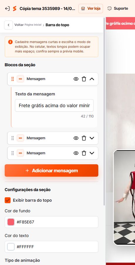 Edição de uma mensagem da Barra do topo