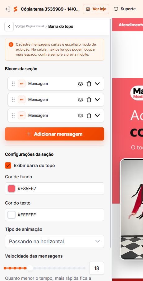 Configurações da Barra do topo do Match GO