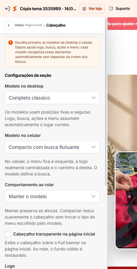 Modelos e controles do cabeçalho do Match GO