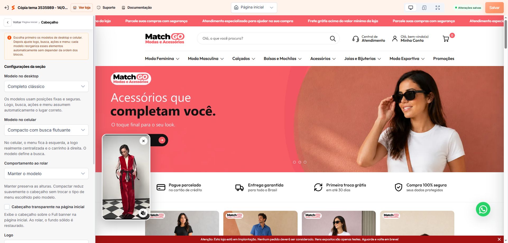 Prévia do cabeçalho do Match GO no editor visual