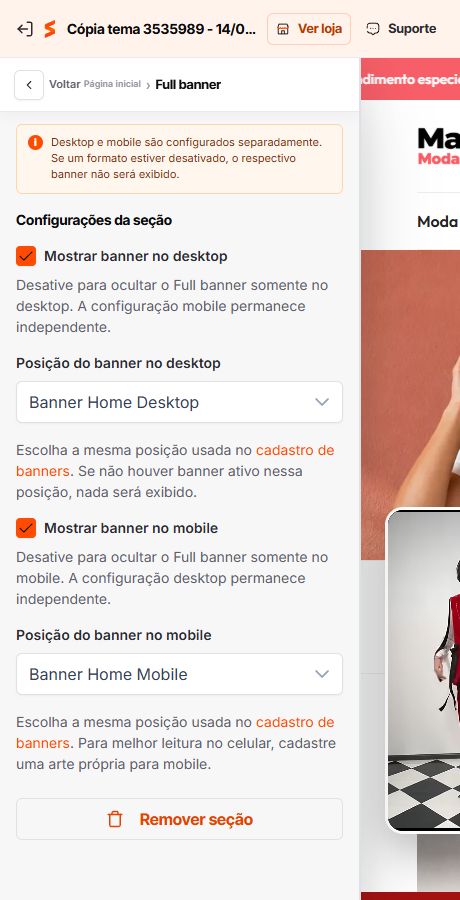 Configuração do Full banner para computador e celular no Match GO