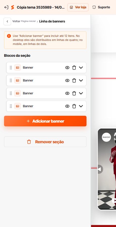 Linha de banners com quatro posições no editor Match GO
