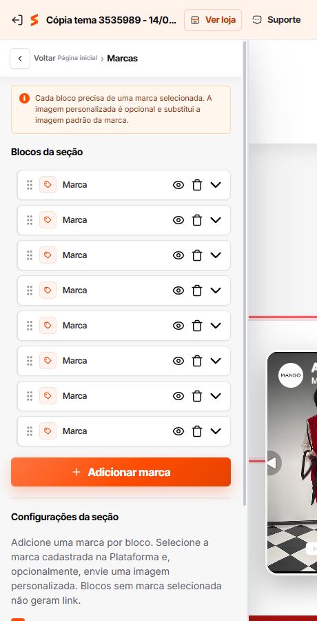 Blocos de marcas configurados na Página inicial do Match GO