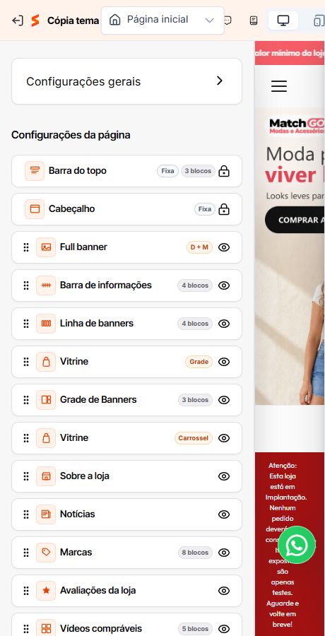 Lista de seções configuradas na Página inicial do Match GO