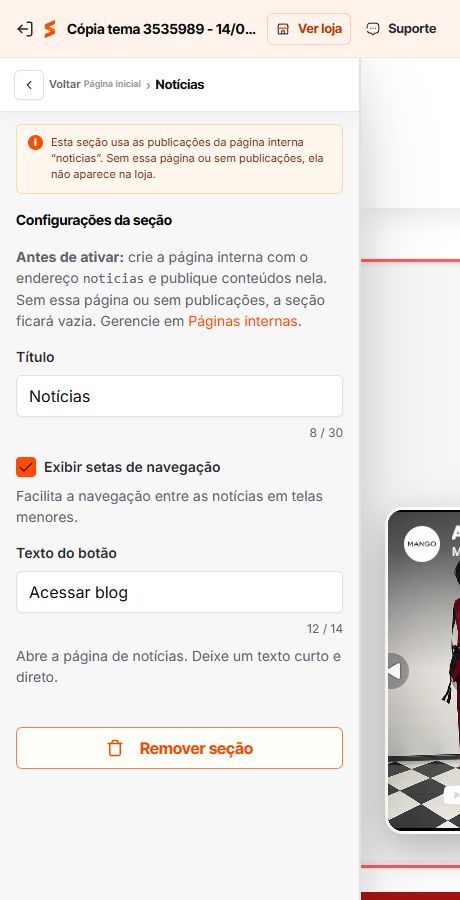 Configuração da seção Notícias do Match GO