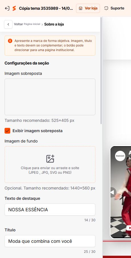 Configurações da seção Sobre a loja do Match GO