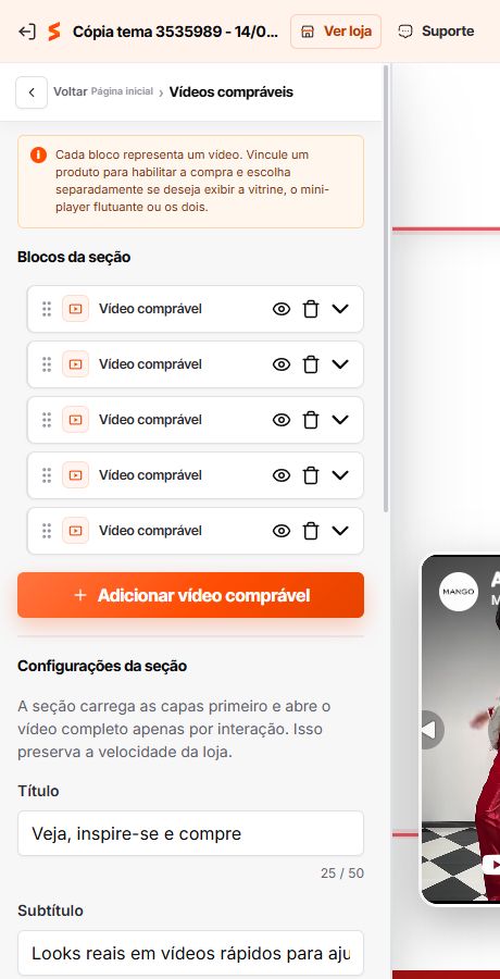 Blocos de vídeos compráveis configurados na Home do Match GO