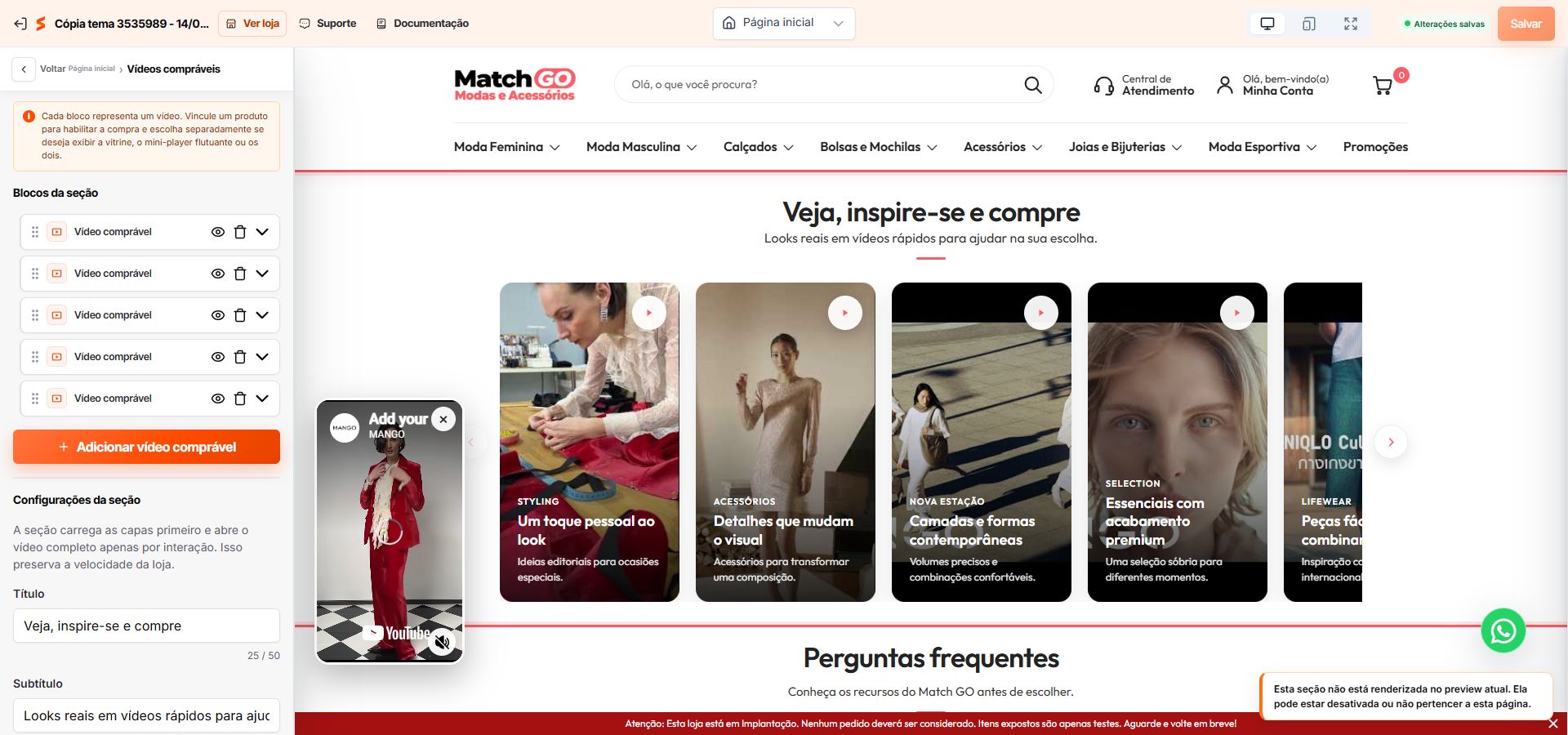 Prévia da vitrine de vídeos compráveis do Match GO