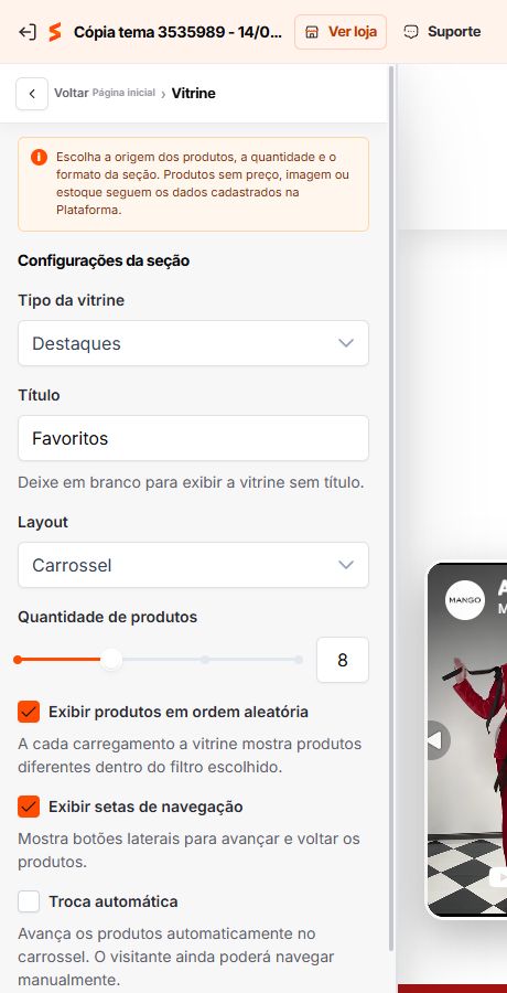 Vitrine em carrossel configurada no Match GO