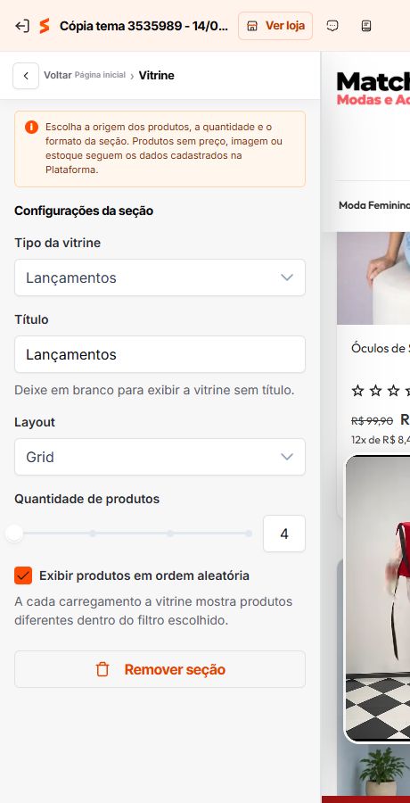 Vitrine em grade configurada no Match GO