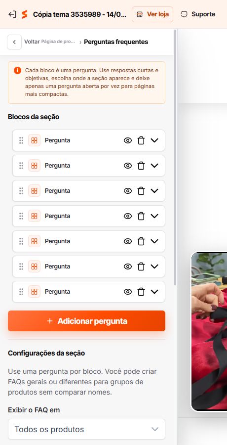 Configuração de FAQ na Página de produto do Match GO