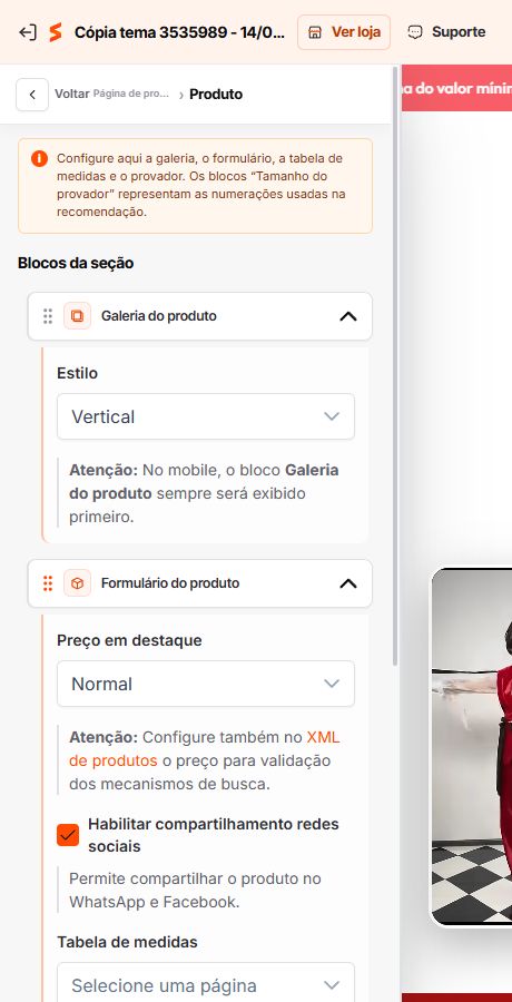 Configurações do Formulário do produto no Match GO