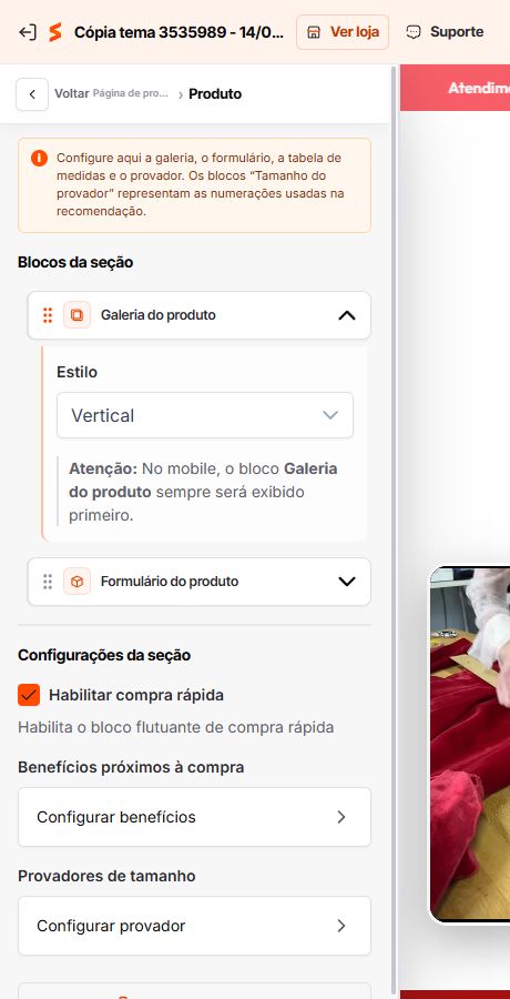 Configuração da Galeria do produto no Match GO