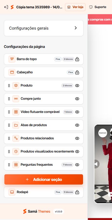 Seções disponíveis na Página de produto do Match GO