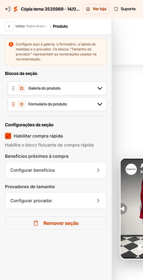 Blocos e recursos da seção principal do produto