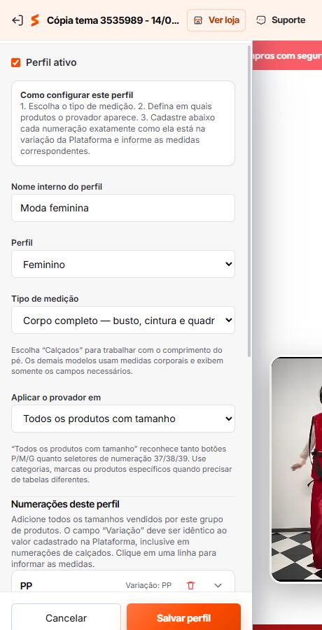 Campos de um perfil do provador inteligente do Match GO