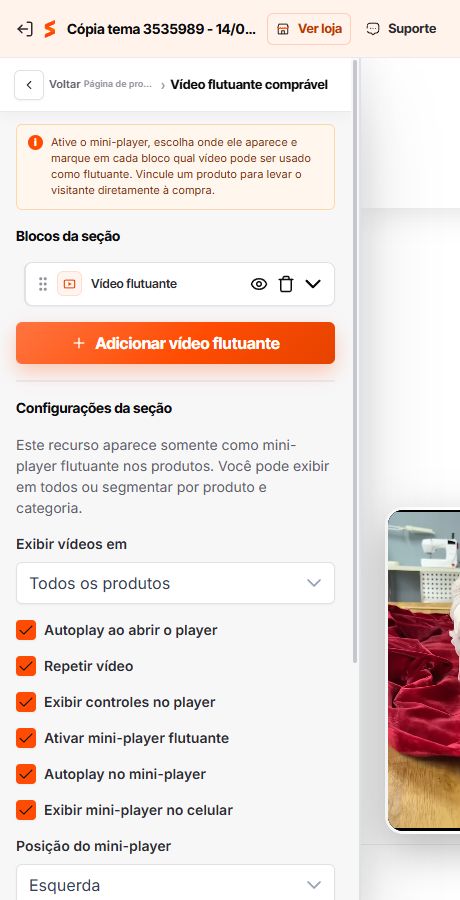 Configuração do vídeo comprável na Página de produto do Match GO