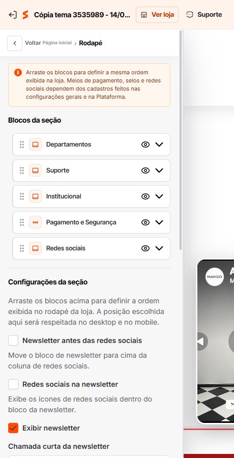 Blocos configuráveis do rodapé do Match GO
