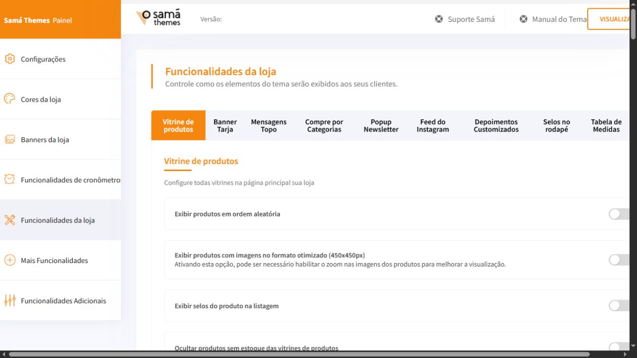 Tela Funcionalidades da loja com a aba Vitrine de produtos