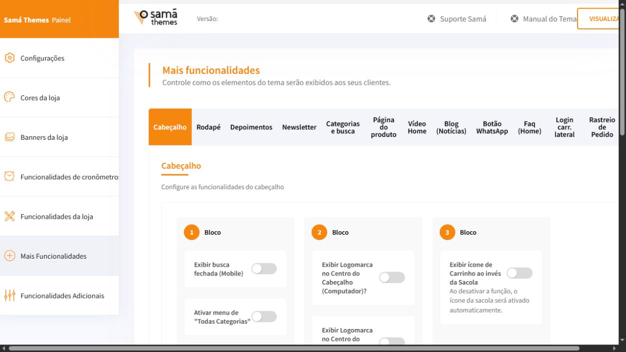 Tela Mais funcionalidades do painel Match Plus com a aba Cabeçalho