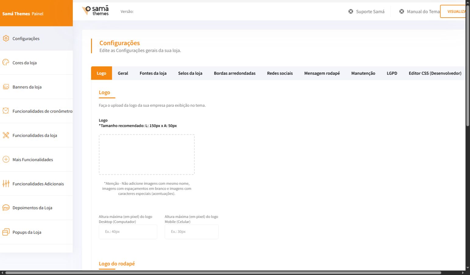 Tela Configurações do painel Match PRO com a aba Logo selecionada
