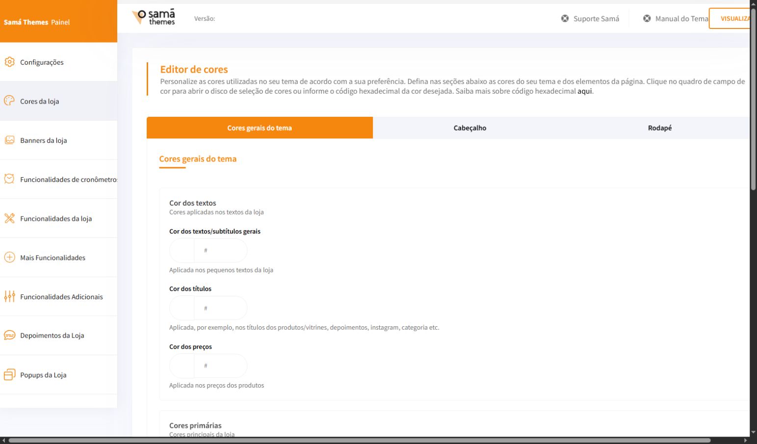 Editor de cores do painel Match PRO com a aba Cores gerais do tema